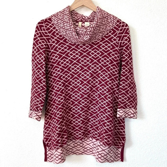 Anthropologie Moth Alpaca Cowl Turtleneck Sweater Maroon Geometric Print - Picture 1 of 9